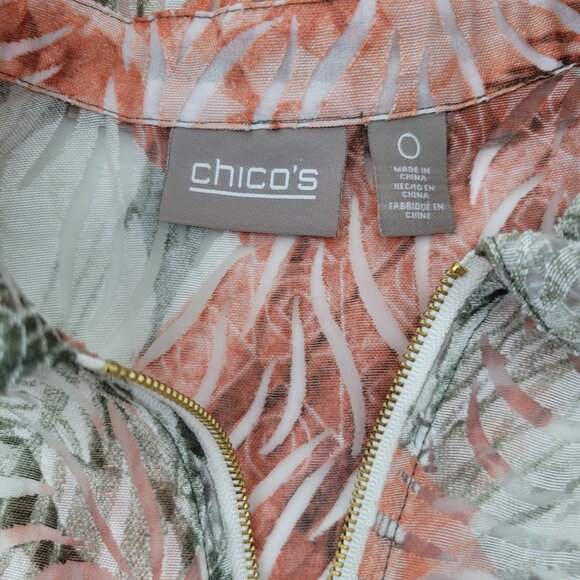 Chico's Jacket Women's 4 Peach Tan Floral Semi Sheer Zip up Roll Tab Pockets - Picture 11 of 13